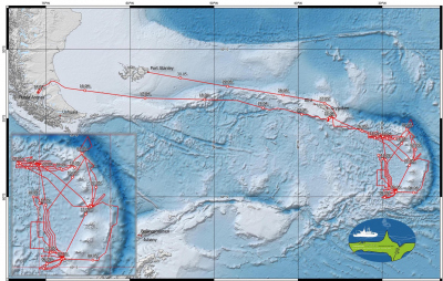 Schiffsroute von FS POLARSTERN während seiner 119. Expedition ins Scotia Meer (Karte: Ilias Nasis).