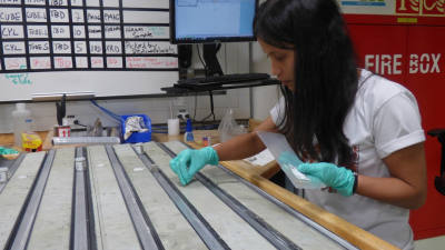 Sub-sampling of core sediments collected from the ocean floor for microscopic studies. Because the organisms that are being investigated are very tiny, a “toothpick” sample is usually enough for this kind of analysis. Photo: Nina Rooks Cast