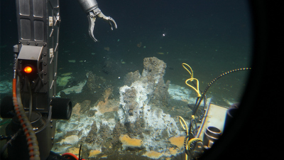 Im Scheinwerferlicht des US-amerikanischen Tiefseetauchboots ALVIN ist ein kleines rotbraunes Massiv am Boden des Guaymas-Becken zu erkennen. Diese Formation ist umgeben von reichlich hydrothermalen Sedimenten, die von weißen und orangen Bakterien-Matten bedeckt sind. Durch das Team des bemannten Tiefseetauchboots wurde hier der Kern genommen, aus denen die Archaeen Candidatus Alkanophaga letztlich stammen. Foto: Woods Hole Oceanographic Institution