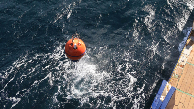 An acoustic current meter, built into a mooring buoy being prepared for deployment in the Atlantic. The ocean current is measured with these instruments. Photo: MARUM – Center for Marine Environmental Sciences, University of Bremen, D. Kieke