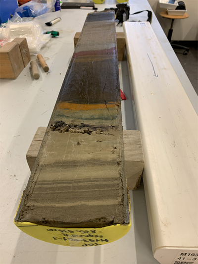 The colored layers in the drill core are visible in the laboratory. Photo: ZMT. A.Daschner