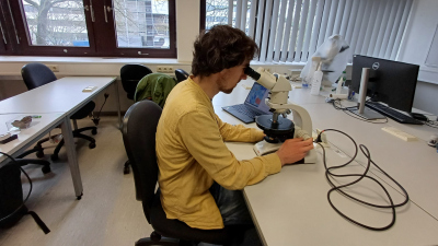 Dennis Schreiber at the microscope
