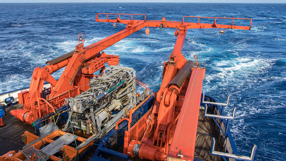 Sea floor drill rig MARUM-MeBo70 is deployed off the Polarstern. Photo: Thomas Ronge