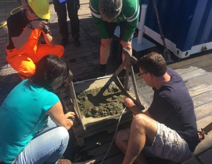 Dr. Graziella Bozzano (links) und Dr. Till Hanebuth (rechts) sehen sich den Inhalt eines Kastengreifers an, der aus einem Contourit-Kanal am Meeresboden entnommen wurde und zahlreiche Steine enthält. (Foto: JT Durica)