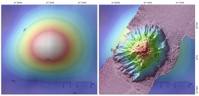 Karte von Tropiquito Seamount vor der METEOR Kartierung (links) und nachher (rechts). Zusammenstellung von P. Wintersteller.