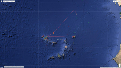 Route of the Wave Glider during the SENGHOR Seamount Mission - Blue Wave Glider on board FS MERIAN, Red Followed course