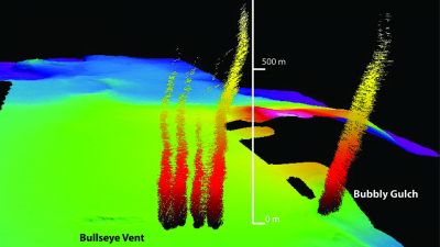 Eine Visualisierung von Gasaustritten am so genannten Clayoquot Slope am Cascadia Kontinentalrand. Die Daten zahlreicher solcher Gasaustritte wurden für die Veröffentlichung in Nature Communications ausgewertet. Grafik:  Modifiziert aus Römer et al., 2016