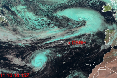 Das Satellitenbild ist direkt von Eumetsat.org, Meteosat 0 degree - Natural Colour - Bereich West Atlantik. Das rote DBBH ist vom Wettertechniker nachträglich hinzugefügt worden.