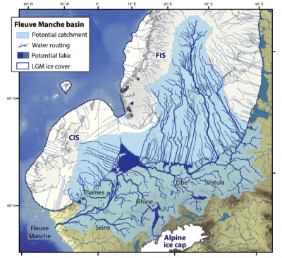 Map of Europa 20.000 years before present showing drainage rivers of the continental ice (Patton et al., 2017)