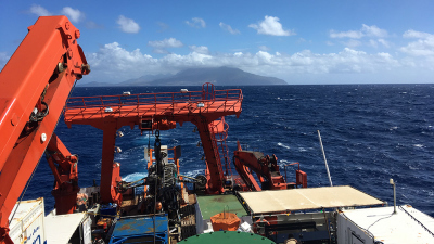 View of the METEOR working deck and the working area southeast of Montserrat. Photo: MARUM - Center for Marine Environmental Sciences, University of Bremen