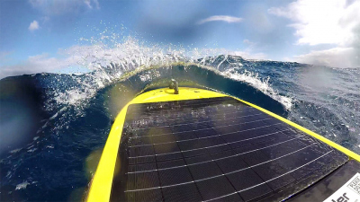 With an average of 1.6 knots the MARUM Wave Glider moves through the water. Photo: MARUM - Center for Marine Environmental Sciences of the University of Bremen; S. Meckel.