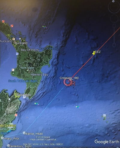 Über die internationale Datumsgrenze (180° Längengrad) - nun in der westlichen Hemisphäre auf dem Weg nach Tahiti.