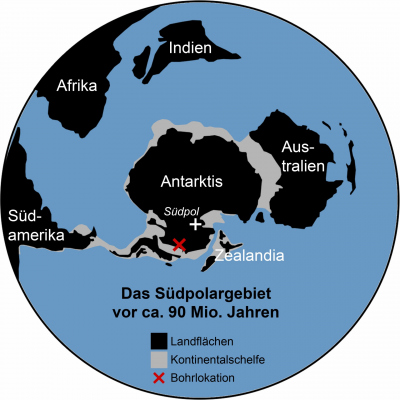 Vereinfachte Übersichtskarte der Südpolarregion zum Zeitpunkt der Ablagerung vor etwa 90 Millionen Jahren.  Grafik: J.P. Klages, Alfred-Wegener-Institut