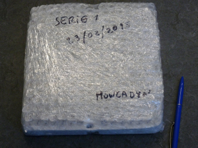 Polystyrene tray with centrifuge tubes wrapped in cling film. The tubes are safe against opening and falling out.