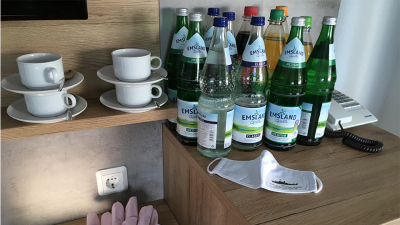 There are enough refreshments available in the hotel room - you are not allowed to leave the room.