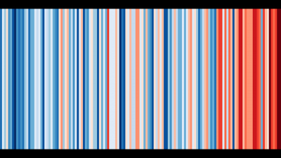  Die Bremer „Warming Stripes“ für den Zeitraum 1850 bis 2019 – jeder Streifen steht für ein Jahr, die Farbe richtet sich nach der globalen Mitteltemperatur des jeweiligen Jahres, dabei steht Blau für kühl, Rot für warm; Grafik: Ed Hawkins/www.showyourstripes.info