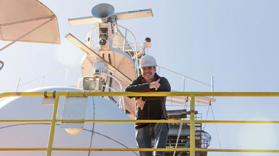 David De Vleeschouwer aboard the drilling vessel JOIDES Resolution. Photo: Bill Crawford, IODP JRSO