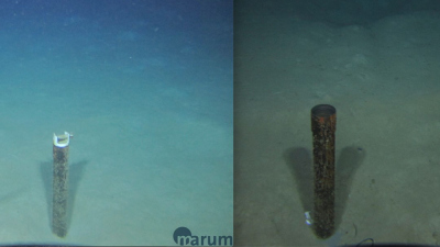 MARUM ROV SQUID showing borehole string before (left) and after (right) recovery of the instrumented borehole plug. Photo: MARUM - Center for Marine Environmental Sciences, University of Bremen