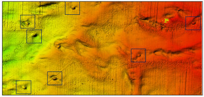 Abbildung 1: bathymetrische Karte des Meeresbodens, die während M167 erzeugt wurde und sieben neue SV aufweist.