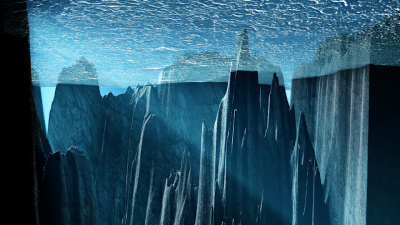 Künstlerische Darstellung der Perspektive aus dem inneren des glazialen Ozeans, mit Blick von unten Richtung Island und den Färöer-Inseln; im Vordergrund Jan Mayen, rechts Grönland. Von oben verengt ein Eispanzer die schmalen Durchlässe. Tatsächlich sind 