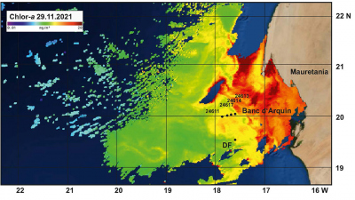 Satellite image of the phytoplankton production. dots represent the station locations where we are sampling (map created by Karin Zonneveld, satellite image 