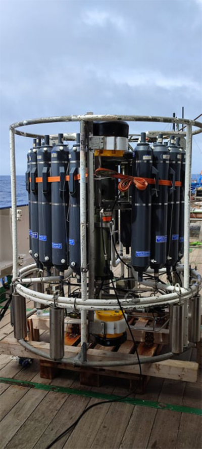 The water sampling bottles are attached to the CTD rosette. Credit: Nikos Lymperis