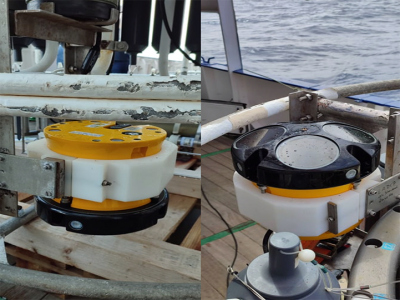 On M180 cruise, CTDs (Conductivity-Temperature-Depth) along with LADCPs are placed onto the Rosette water sampler (1). Specifically, two LADCPs are used, one attached at the bottom looking upwards and one at the top of the Rosette pointing downwards (2) both of them measuring velocities approximately 120m above and below the water sampler. Credit: Nikos Lymperis