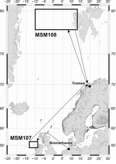 Fahrtroute der Expedition MSM 107 von Bremerhaven nach Tromsö und der anschließenden Forschungsreise MSM 108