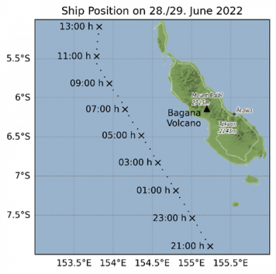 Karte der Schiffsposition zwischen 21Uhr (UTC+11) am 28.06.2022 bis 13Uhr (UTC+11) am 29.06.2022.