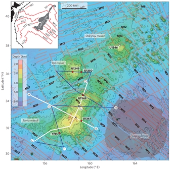 Bathymetrische Karte des Shatsky-Rückens und tektonische Karte mit der SO292/2-Schiffsroute oben (Sager et al., 2013). Der graue Bereich (unten rechts) zeigt den Umriss des Olympus Mons (Mars) im gleichen Maßstab