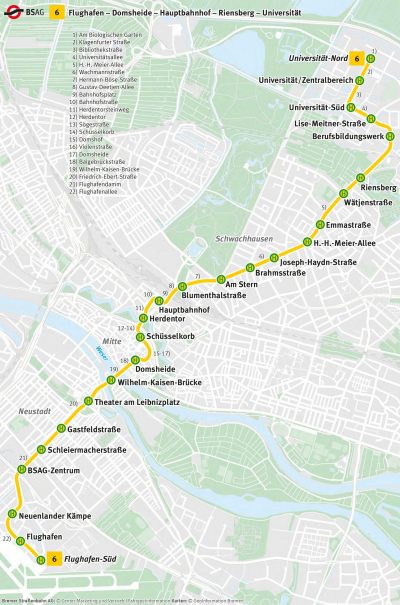 The route of the tram number 6. Copyright: BSAG