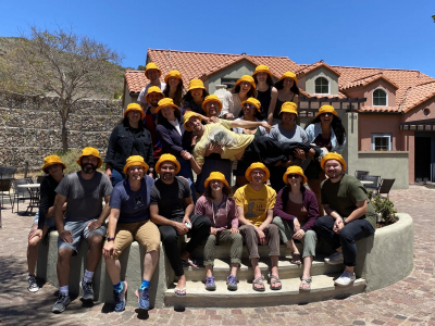 Group Photo on Catalina Island. all participants are wearing yellow hats.