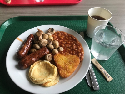 a plate with English breakfast