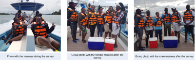 3 photos of groups of people wearing life vests