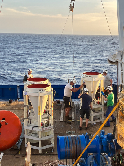 Recovered sediment traps on the Backdeck of the R.V. Pelagia. Photo: K.Zonneveld
