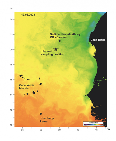 Satellite image of sea surface temperatures in the research area. Star represents the planned sample location (image with courtesy of the NASA state of the Ocean: https://soto.podaac.earthdatacloud.nasa.gov)