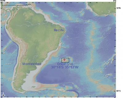 Geplante Fahrtrouten und generelles Arbeitsgebiet der MERIAN Expedition MSM116 von Montevideo nach Recife. Das Hauptarbeitsgebiet von MSM116 ist auf dem Rio Grande Rise in der Nähe von der DSDP Bohrung 516 (+ Symbol).