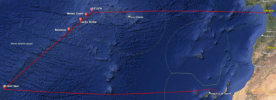 Die rote Linie zeigt die Fahrtroute des Forschungsschiffes während der Expedition M190.