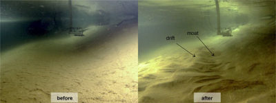 Underwater image of the flume tank with current meter. On the left you can see the artificial continental slope at the beginning of the experiment, on the right at the end of the measurement. New structures (contourites) of sediment have formed due to the flow in the tank. If the current strength is changed, the shape of the contourites also changes. Photo: MARUM – Center for Marine Environmental Sciences, University of Bremen; H. Wilckens