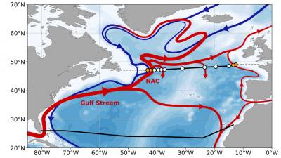 Schematische Darstellung der wichtigsten Strömungen im Nordatlantik. Rote (blaue) Pfeile markieren die oberen (tiefen) Zirkulationswege. Die Abkürzungen zeigen die Lage des Nordatlantikstroms (