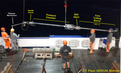 Deployment of the Dynamic Autoclave Piston Corer (DAPC) III from board the FS MARIA S. MERIAN during Expedition MSM125