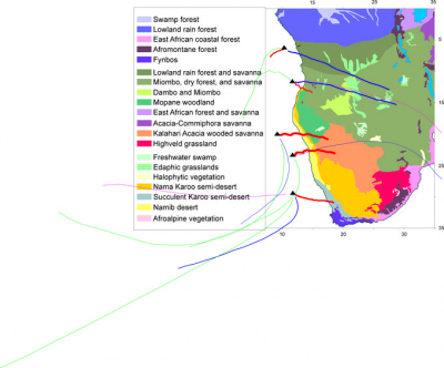 Modern vegetation in southern Africa and clustered wind trajectories for austral fall